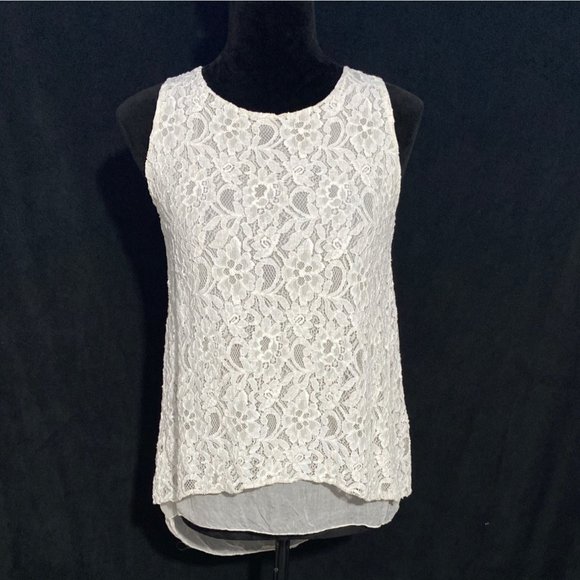 Dolce Ragazza M Ivory Top Tank Blouse Silk Chiffon Shirt Tail Hem Lace Overlay - Picture 1 of 7